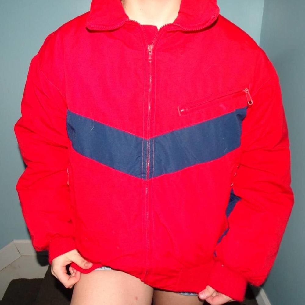 VTG 80s Eddie Bauer Puffer Coat Red Navy Medium Western Boho Outerwear